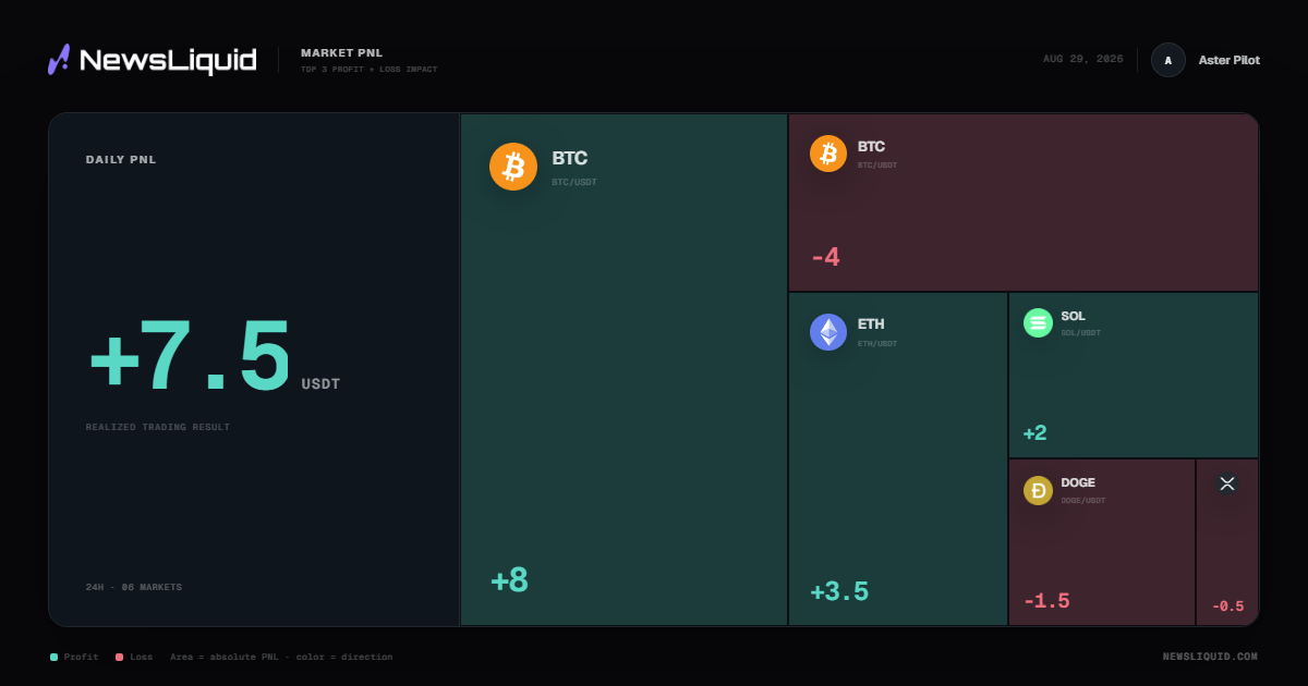 NewsLiquid Daily PNL poster with realized PNL and a market contribution heatmap