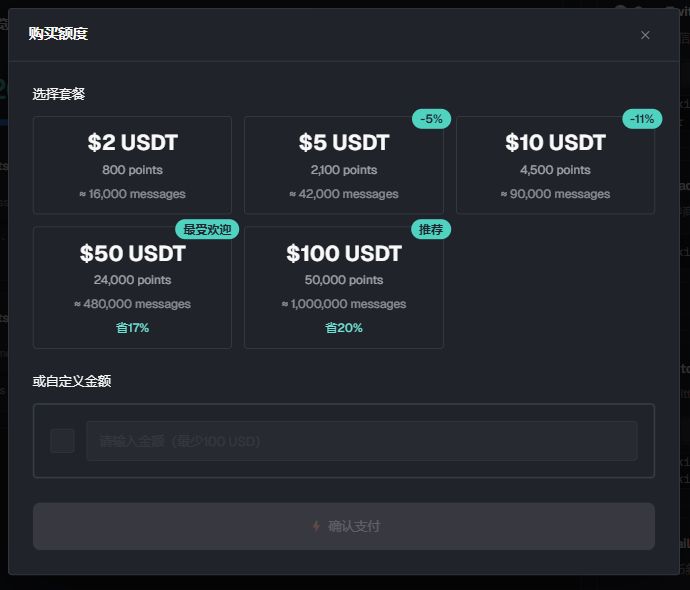 NewsLiquid Points purchase options and USDT amounts