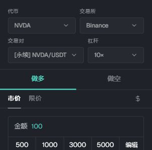 交易面板顶部，包含代币、交易所、交易对、杠杆、方向和订单类型